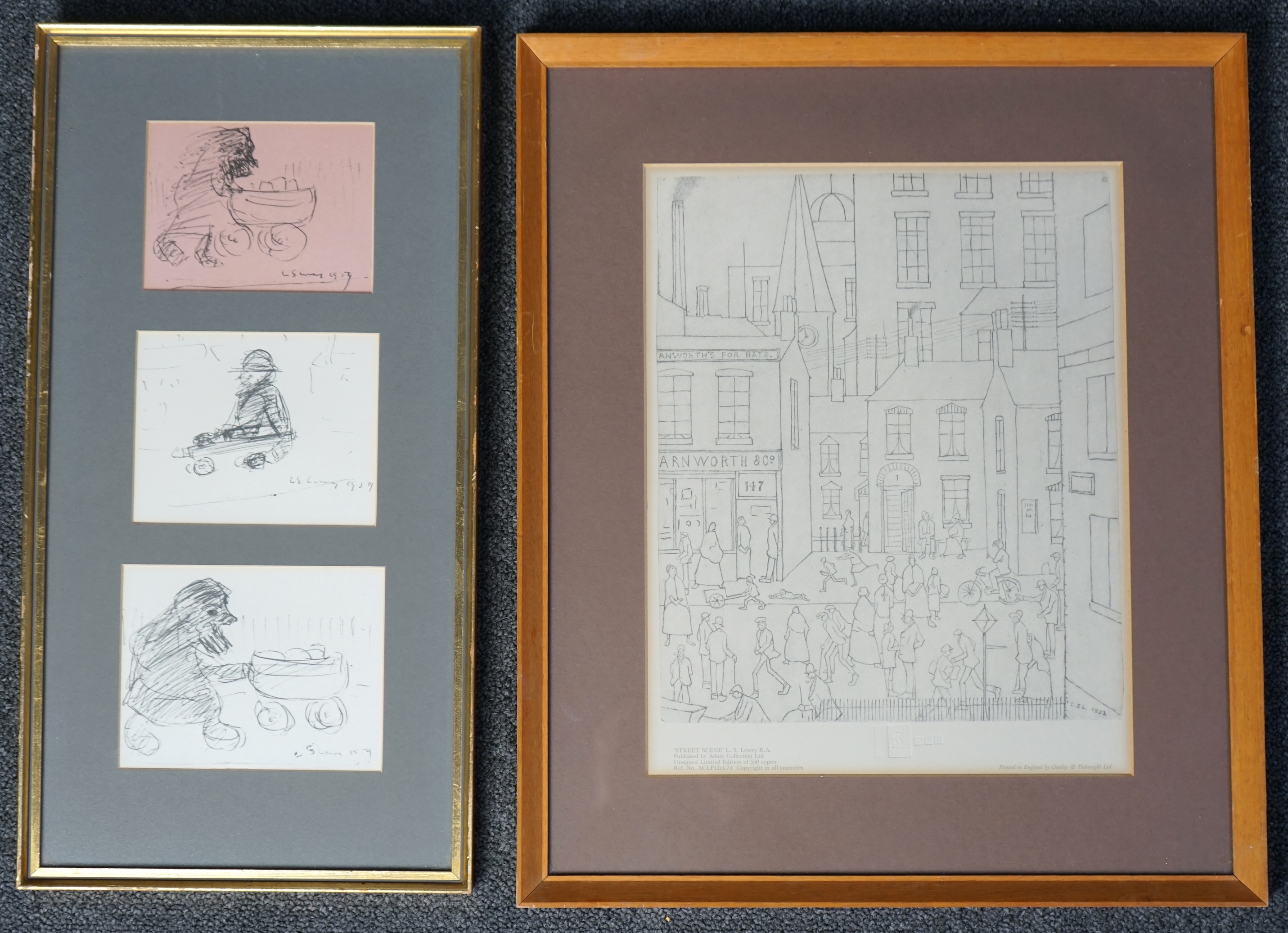 Laurence Stephen Lowry RA, RBA (1887-1976), Street scene, offset lithograph, 30 x 23cm, with three framed reproductions of sketches by Lowry, each 10 x 13cm